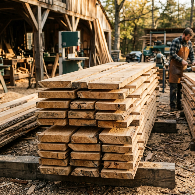 Freshly cut custom dimensional rough-sawn lumber boards