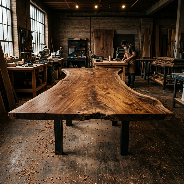 Wide live-edge wood slab cut for a custom furniture table top