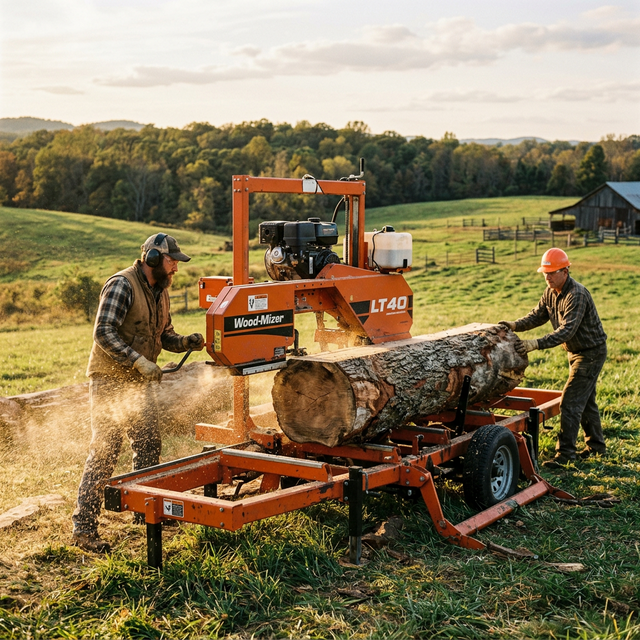 Portable Woodmizer sawmill milling a log on-site in Northern Indiana